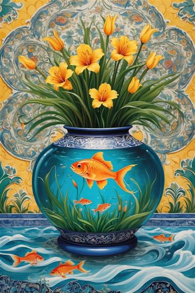 عکس باکیفیت تنگ ماهی آبی و گل‌های زرد لیلیوم برای چاپ پوستر نوروز