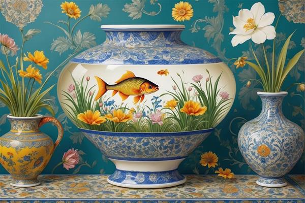 پوستر دیواری نوروز طرح کلاسیک تنگ ماهی چینی و گل‌های بهاری ویژه دکوراسیون داخلی منازل و دفاتر اداری