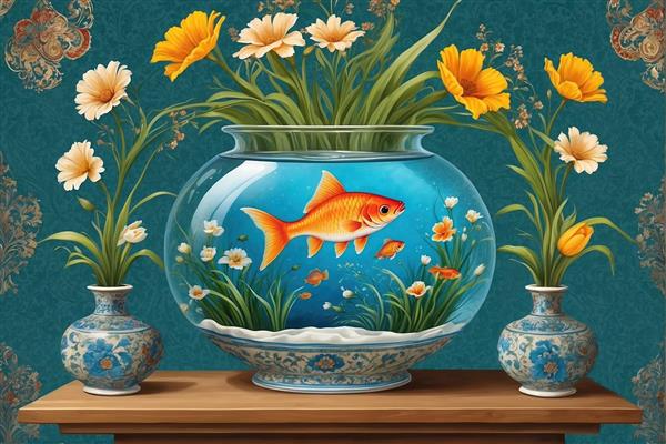 تصویر باکیفیت ماهی قرمز در تنگ شیشه‌ای و گلدان‌های قرینه مناسب برای نوروز