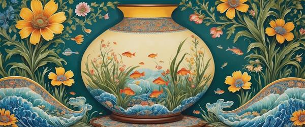 طرح پانوراما تنگ ماهی و گل‌های آفتابگردان با رنگ‌بندی تیره و لوکس برای پوستر نوروز