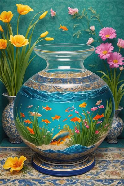 نقاشی هنری تنگ ماهی‌های رنگارنگ و گل‌های زرد برای نوروز