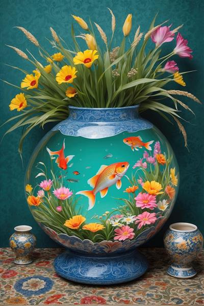 پوستر دیواری طرح تنگ ماهی و گل‌های بهاری با تم فیروزه‌ای ویژه نوروز