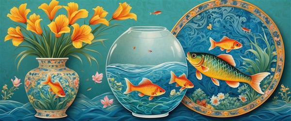 طرح اسلیمی و سنتی ماهی قرمز و گلدان گل برای نوروز