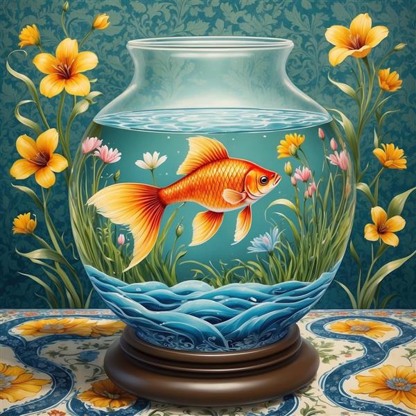 تصویر سه بعدی ماهی گلی بزرگ در تنگ شیشه‌ای با پس‌زمینه اسلیمی مناسب نوروز