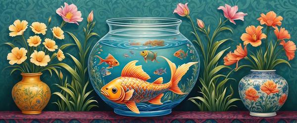 پوستر دیواری با تم طبیعت، ماهی‌های درخشان و گلدان‌های رنگی جهت استفاده در نوروز