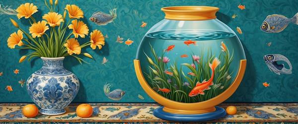 ترکیب مدرن و سنتی تنگ ماهی و گلدان چینی در پس‌زمینه فیروزه‌ای برای نوروز و رستوران‌های سنتی