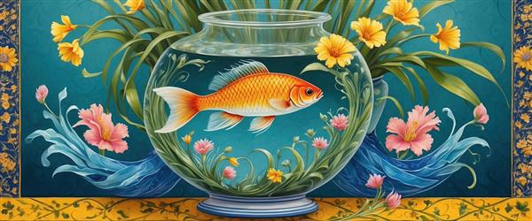 منظره پانوراما از ماهی گلی در میان گل‌های وحشی مناسب پوستر دیواری سه بعدی و دکوراسیون نوروز