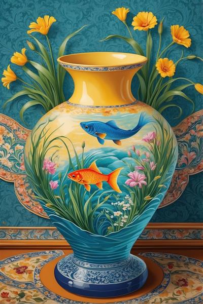 پوستر عمودی گلدان طلایی با طرح ماهی‌های رنگارنگ و پس‌زمینه اسلیمی برای تزیین نوروز