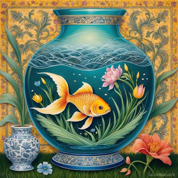 نقاشی هنری تنگ ماهی در چمنزار با گلهای شقایق برای تابلوهای دکوراتیو نوروز