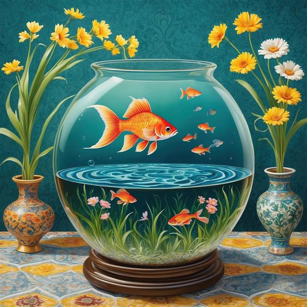 تصویر فانتزی تنگ شیشه‌ای ماهی قرمز و گلدان‌های مینیاتوری ویژه کاغذ دیواری سه بعدی نوروز