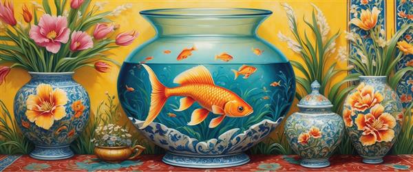 پوستر دیواری نوروز با طرح نقاشی تنگ ماهی گلی و گلدان‌های چینی لوکس برای دکوراسیون پذیرایی و بالای کاناپه