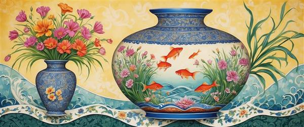 بنر افقی عریض نوروز با طرح تنگ ماهی و گلدان گل‌های صحرایی ویژه پوستر دیواری پذیرایی و بالای تخت خواب