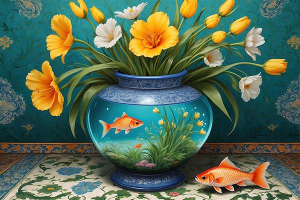 پوستر دیواری نوروز طرح نقاشی گل‌های زرد و تنگ ماهی با پس‌زمینه فیروزه‌ای و نقوش سنتی برای اتاق خواب و پذیرایی