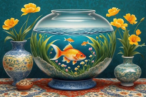 تصویر باکیفیت نوروز آکواریوم کروی بزرگ با گلهای لاله زرد کناری مناسب برای دکوراسیون سالن‌های زیبایی و نشیمن