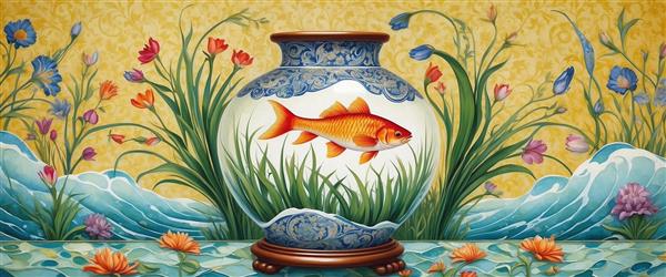 طرح اسلیمی و مدرن ماهی قرمز در گلدان سفالی میان امواج آبی جهت چاپ پوستر نوروز