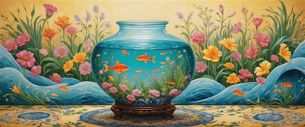 نوروز هنری تنگ ماهی و باغ گل با تم آبی و زرد مناسب برای پوستر دیواری پشت تلویزیون و لابی هتل