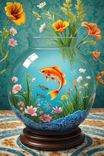 پوستر دیواری عمودی نوروز با طرح تک ماهی قرمز در تنگ شیشه‌ای و شکوفه‌های صورتی ایده‌آل برای راهرو و فضاهای باریک