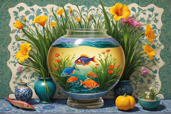 تصویر فانتزی آکواریوم شیشه‌ای با ماهی‌های رنگارنگ و گلهای نارنجی برای پوستر نوروز