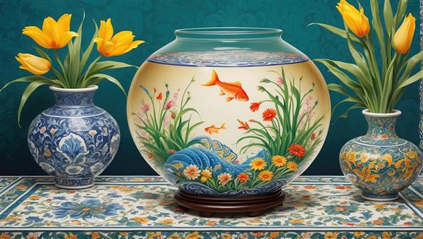 طرح مینیاتور مدرن تنگ ماهی نوروز و گلهای بهاری زرد مناسب پوستر دیواری پذیرایی و اتاق خواب و چاپ روی روتختی