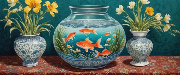 بنر افقی دکوراتیو نوروز با طرح آکواریوم گرد و گلدان‌های آنتیک چینی و گل‌های زرد برای چاپ پوستر دیواری عریض و پرده شید در پذیرایی