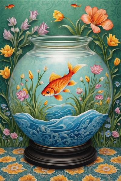 پوستر دیواری هنری نوروز با طرح تنگ ماهی گلی بزرگ و موج‌های آبی و گل‌های وحشی مناسب دکوراسیون منزل و کافی‌شاپ، چاپ قاب دکوراتیو و ماگ