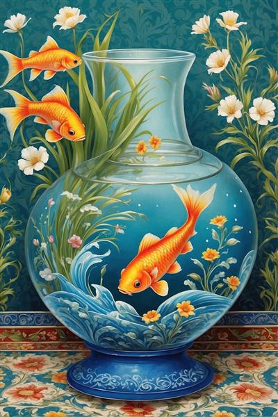 طرح نقاشی رویایی تنگ ماهی و شکوفه‌های سفید برای نوروز