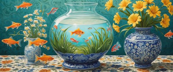 پوستر دیواری افقی طرح پانوراما تنگ ماهی و گلدان‌های چینی با گل‌های داوودی زرد ویژه نوروز