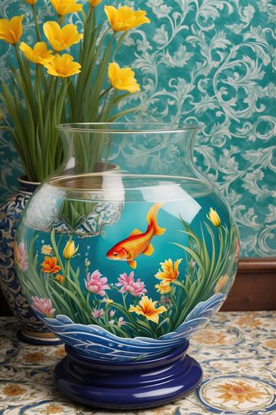 پوستر دیواری مدرن طرح آکواریوم شیشه‌ای و گل‌های آفتابگردان با پس‌زمینه فیروزه‌ای مناسب نوروز