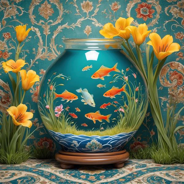 طرح تذهیب و اسلیمی با تنگ ماهی‌های نارنجی و گلهای زرد لاله برای چاپ نوروز
