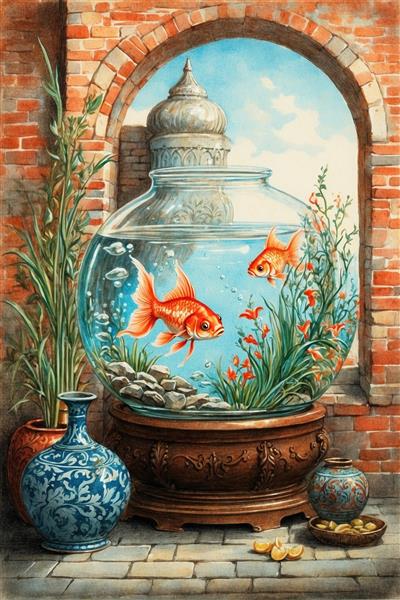 تصویر منظره آجری با تنگ ماهی گلی بزرگ و گلدان‌های چینی آبی و سفید ایده پوستر سه بعدی برای نوروز