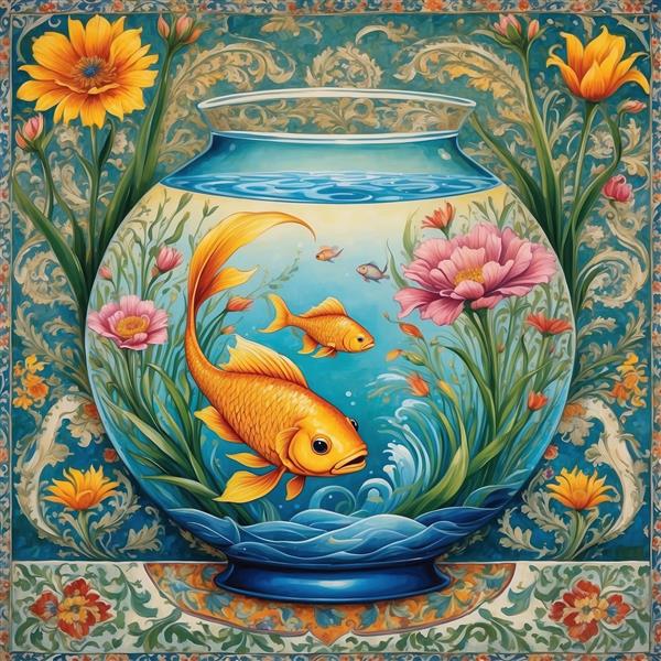 پوستر دیواری هنری طرح تنگ ماهی و گل‌های بهاری با تم سنتی و رنگ‌های زنده مناسب برای پذیرایی و اتاق خواب، چاپ تابلوی دکوراتیو نوروز