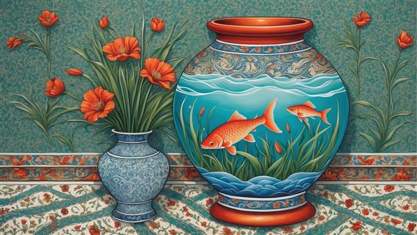 طرح هنری کوزه بزرگ ماهی قرمز و بوته‌های گل لاله در پس‌زمینه سبز تیره برای پوستر نوروز