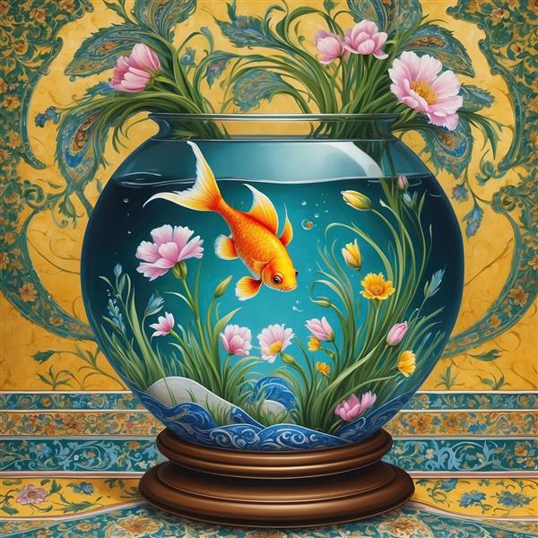 نقاشی متقارن ماهی طلایی در مرکز تنگ و تزیینات گلدار اسلیمی ویژه چاپ نوروز