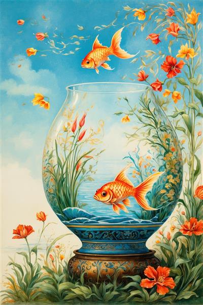 تصویر خیالی پرش ماهی از تنگ به سمت آسمان ابری هماهنگ با دکوراسیون خلاقانه و پوستر نوروز