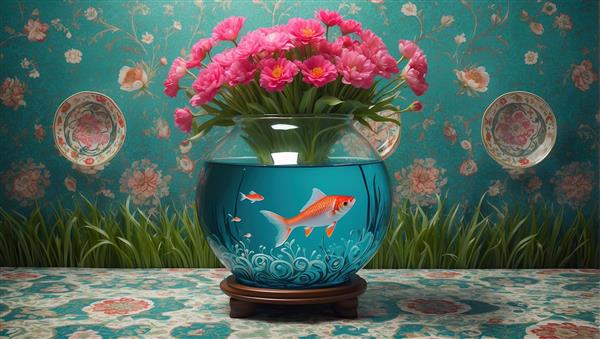 طرح گرافیکی تنگ ماهی با چیدمان گل‌های رز صورتی بر روی میز برای نوروز