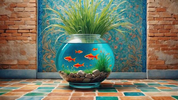 منظره مینیمال تنگ ماهی و گیاه سبز در مقابل دیوار آجری قدیمی مناسب نوروز