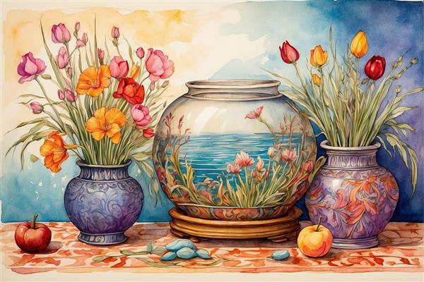 چیدمان هنری تنگ ماهی و گلدان‌های تزیینی با میوه‌های پاییزی جهت چاپ تابلو نوروز