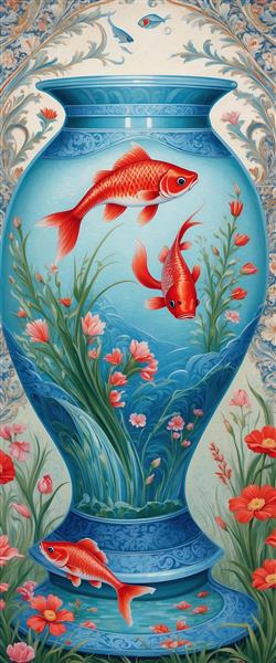 بنر عمودی و پوستر دیواری سه بعدی نوروز با طرح ماهی‌های کوی قرمز در گلدان بلند فیروزه‌ای و حاشیه تذهیب