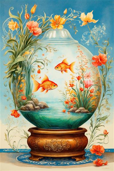 طرح عمودی پوستر دیواری کلاسیک نوروز شامل تنگ ماهی شیشه‌ای و گل‌های وحشی بر روی پایه چوبی منبت‌کاری شده