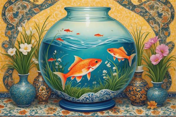 تصویر گرافیکی باکیفیت از رقص ماهی‌های قرمز در تنگ آب و گلهای معطر برای نوروز