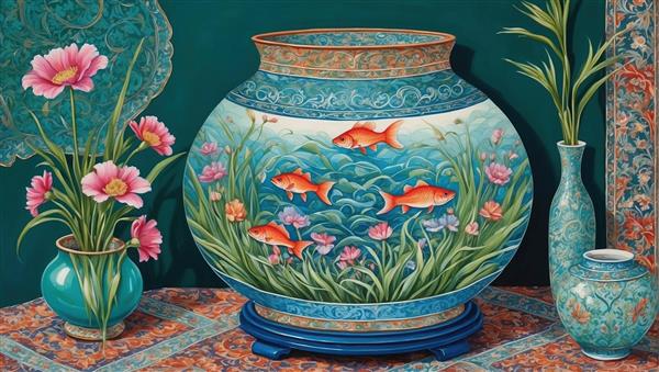 طرح لوکس کوزه بزرگ ماهی و گل‌های صدتومانی صورتی ویژه نوروز