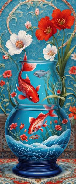 پوستر دیواری کشیده با طرح تنگ‌های جادویی ماهی و گل‌های سرخ در پس‌زمینه اسلیمی مناسب نوروز