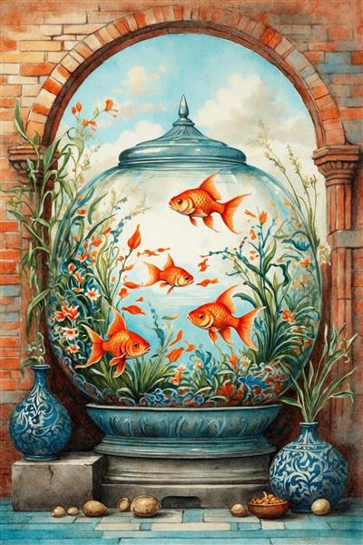 نقاشی نوستالژیک حوضچه ماهی در تنگ با معماری آجری سنتی برای نوروز