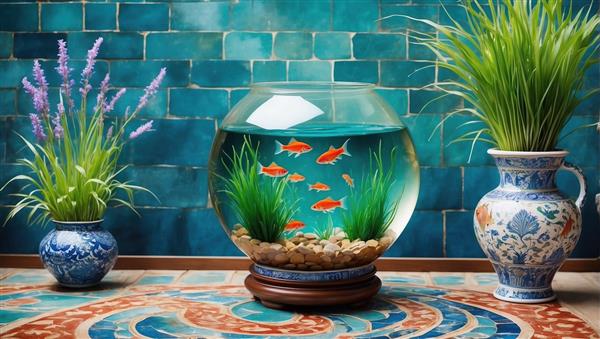 دکوراسیون کلاسیک با تنگ ماهی و دیواره کاشی‌کاری فیروزه‌ای جهت استفاده در نوروز