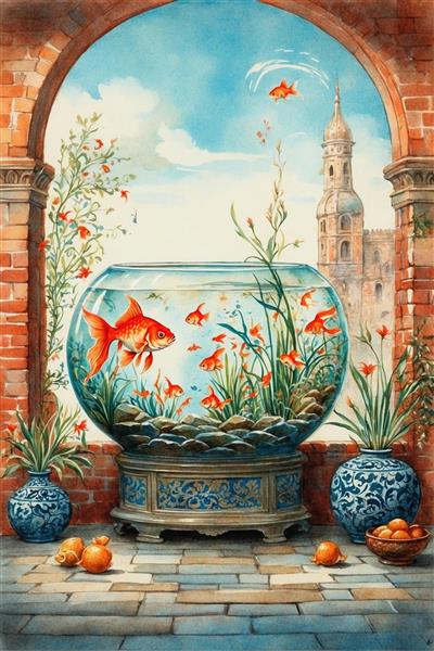 منظره رویایی تنگ ماهی قرمز در مقابل پنجره طاقی و عمارت قدیمی مناسب نوروز