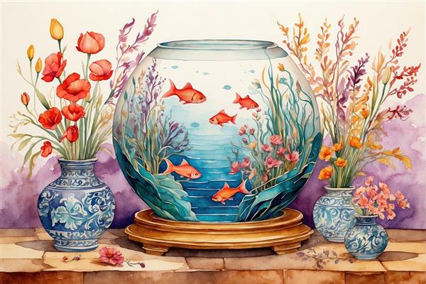 تصویر هنری تنگ شیشه‌ای ماهی قرمز و گلدان چینی آبی سفید ایده‌آل برای نوروز