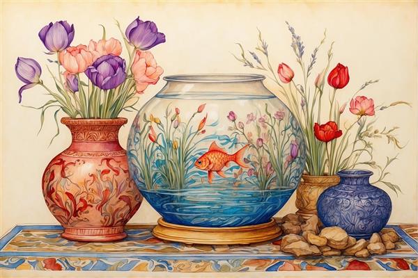 نقاشی آبرنگی تنگ ماهی و گلدان‌های سفالی رنگارنگ با گل‌های لاله برای نوروز