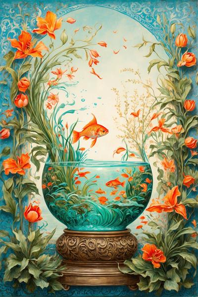 طرح تذهیب و مینیاتور ماهی گلی در تنگ آب با گل‌های نارنجی مناسب نوروز