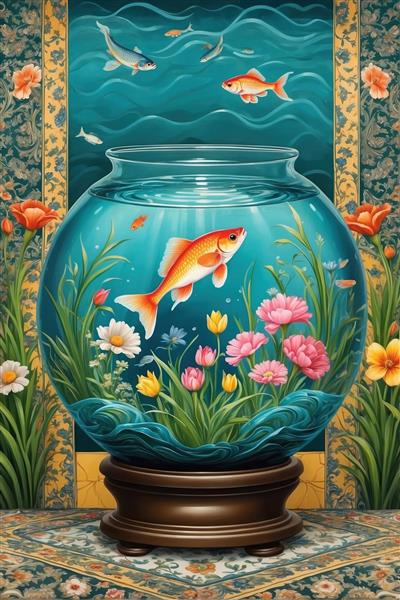تصویر فانتزی تنگ ماهی بزرگ میان باغچه گل‌های بهاری ویژه چاپ نوروز