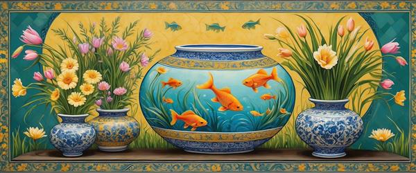 طرح هنری افقی از تنگ ماهی و گلدان‌های چینی با رنگبندی شاد برای پوستر نوروز